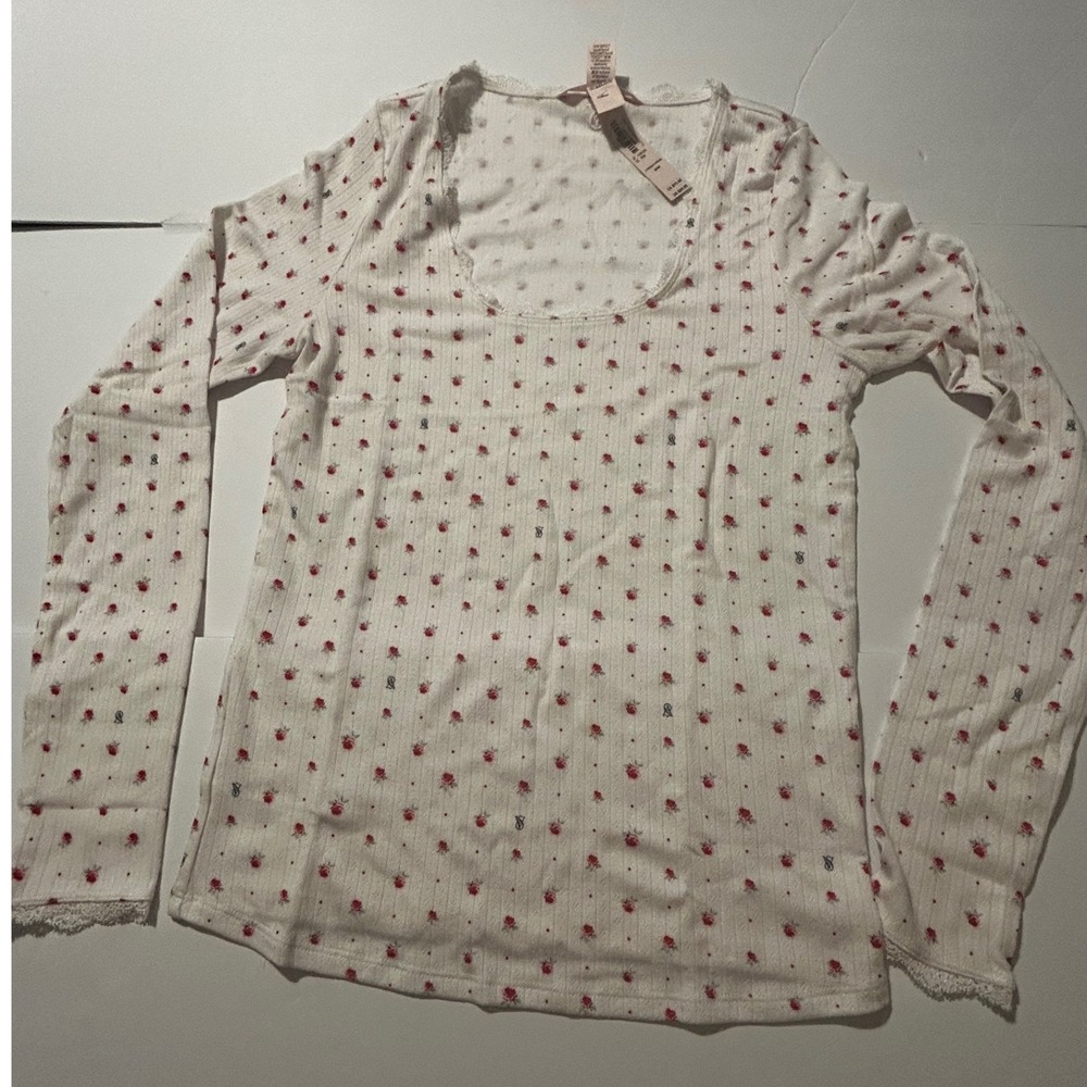 Victoria's Secret Rosebud Pajama Set White Red Floral Lace Trim Tencel Medium